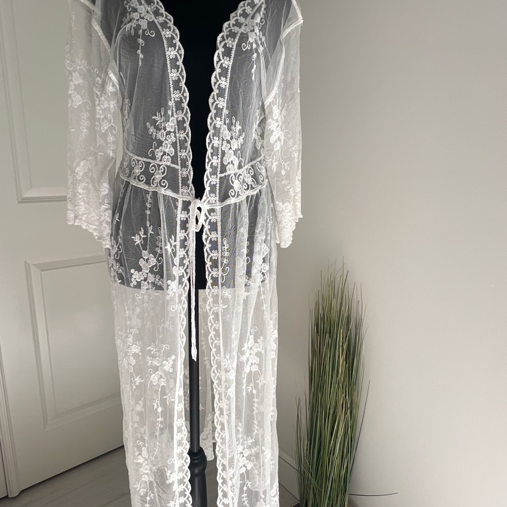 White Sheer Robe/Beach Cover-Up with Lace Details